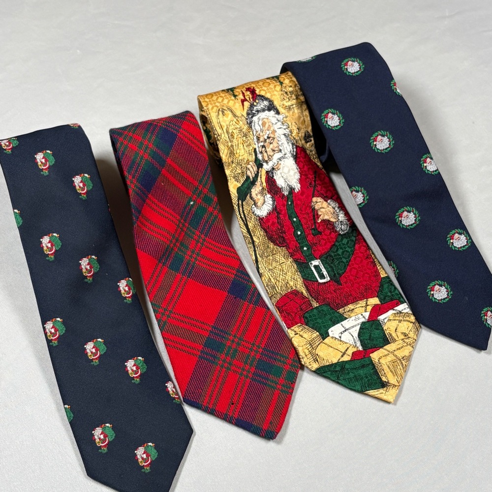 Christmas Necktie Lot Mens OS Christmas Santa Plaid Multi Holiday Vintage 4pc - Picture 1 of 13